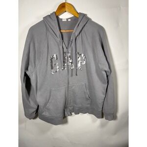 GAP Mens Full Zip Hoodie Gray Silver Foil Logo Fleece Sweatshirt XL
